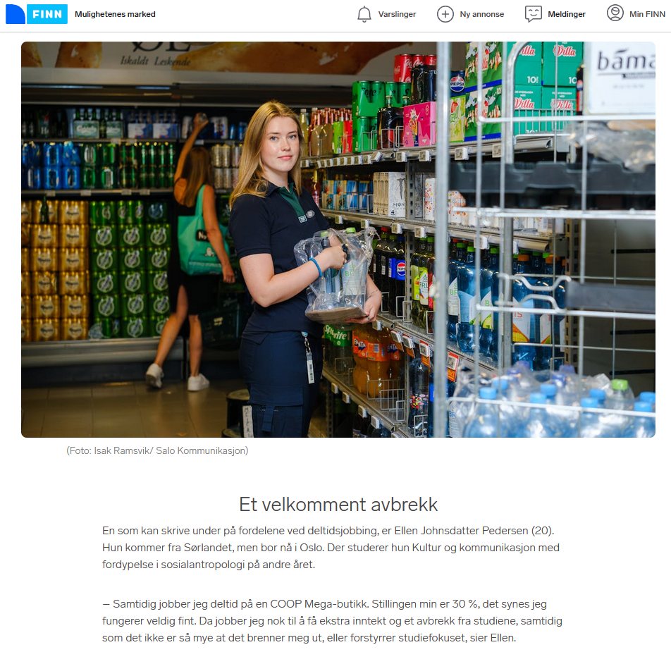 Sak om deltidsjobb ved siden av studiene, publisert på FINN.no
