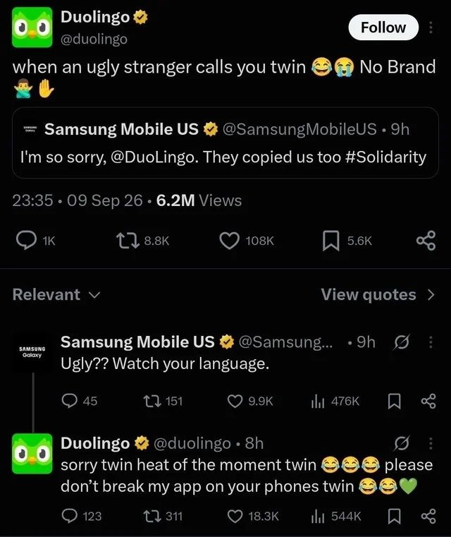 Skjermbilde fra utvekslingen mellom Duolingo og Samsung Mobile US på X, 9. september 2026