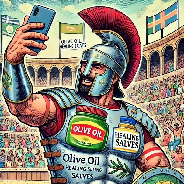 AI-generert illustrasjon av en gladiator som anbefaler olivenolje