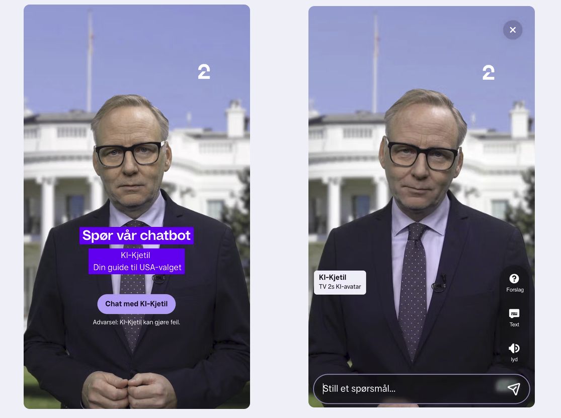 TV 2s chatbot KI-Kjetil, inngang og samtaleflate